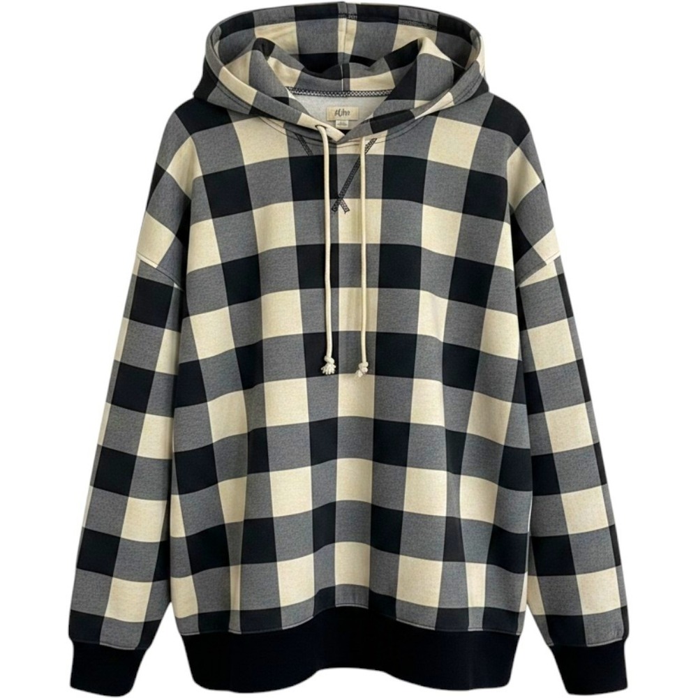 Style & Co. Plaid Oversized Hoodie Black Grey Cream Size L
